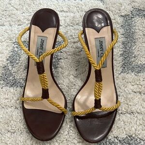 BEAUTIFUL JIMMY CHOO BROWN LEATHER SANDALS WITH TWISTED GOLD CORDS